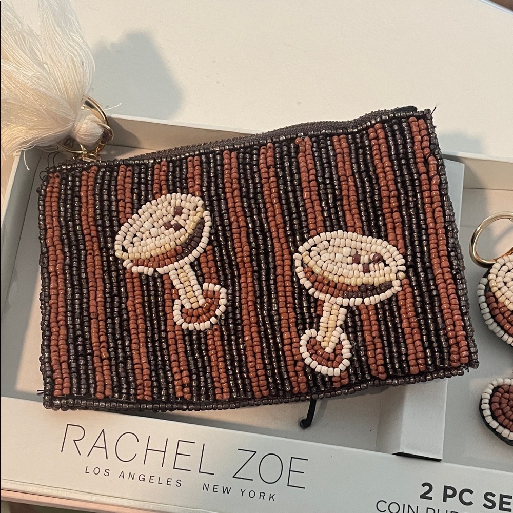 Rachel Zoe Espresso Martini Beaded Striped Coin Purse and Key Ring Charm Set - Picture 4 of 6